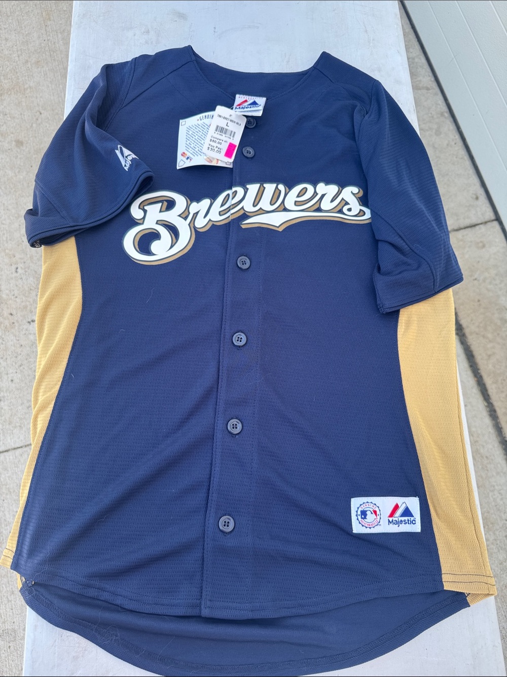 Majestic Brewers Navy and Gold Button-Up Jersey